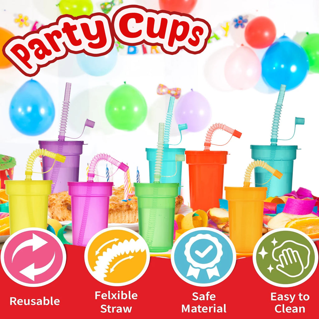 Neon Sipper Cups - Colorful, Spill-Proof Cups with Lids and Straws - Ideal for School Events, Themed Parties, and Birthday Party