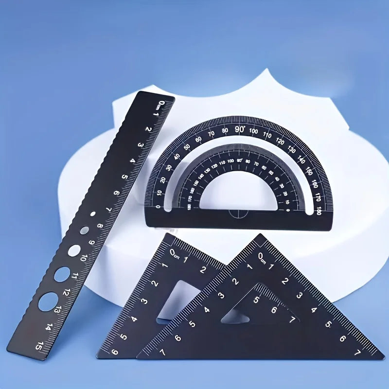 Metal Geometry Set, 4Pcs Precision Ruler Protractor Triangle Ruler Set, Black Anodized Math Drawing Tools for Students & Office