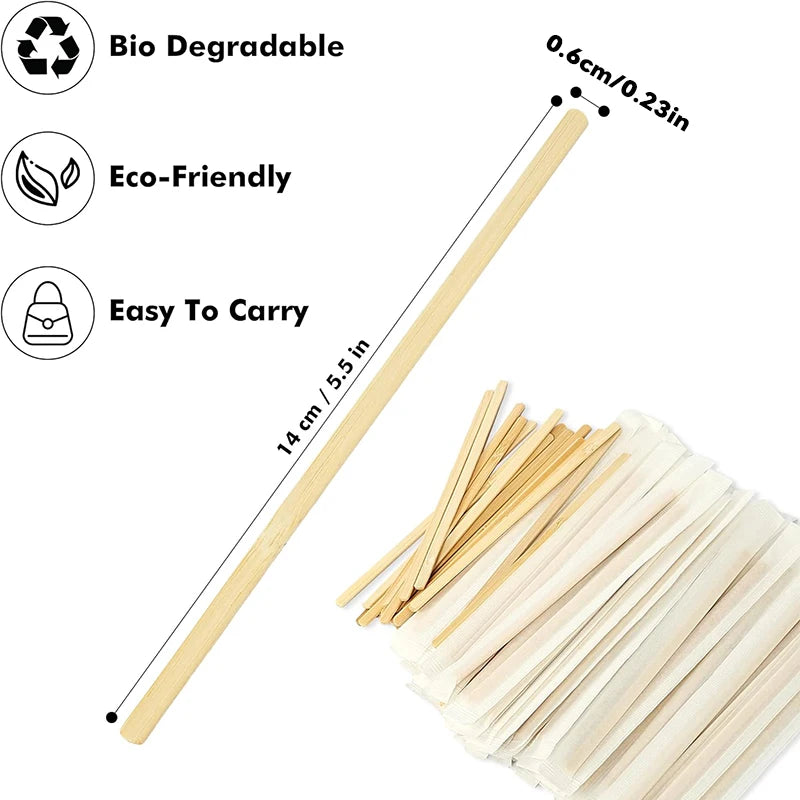 300/100pcs Wooden Coffee Stirrers Individually Wrapped Disposable Tea Drink Cocktail Mixer Swizzle Sticks Round End 5.5Inch Long