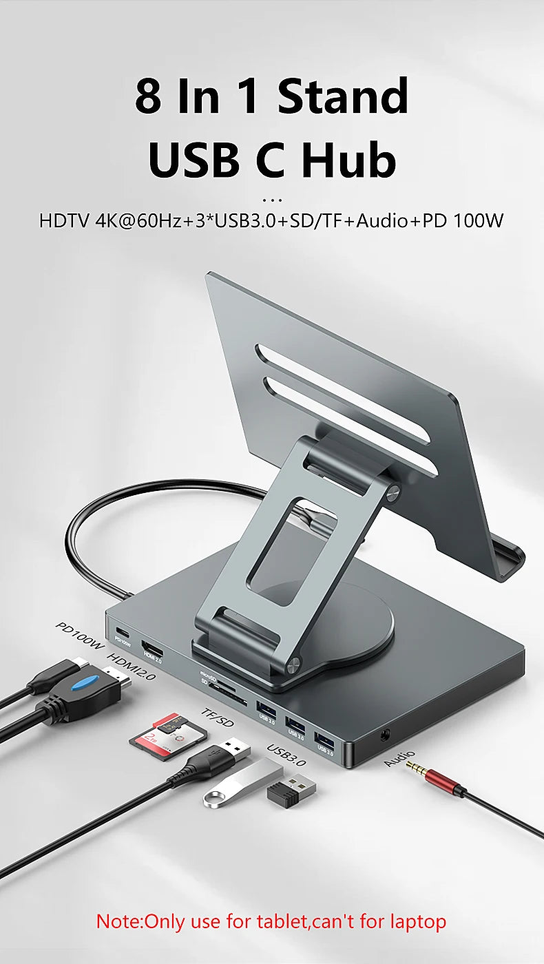 Blueendless Ipad Stand USB C Hub 4K 60HZ HD Type-C 100W PD SD/TF Slot Reader USB 3.0 5Gbps 9 In 1 Type-C Hub Ipad Holder