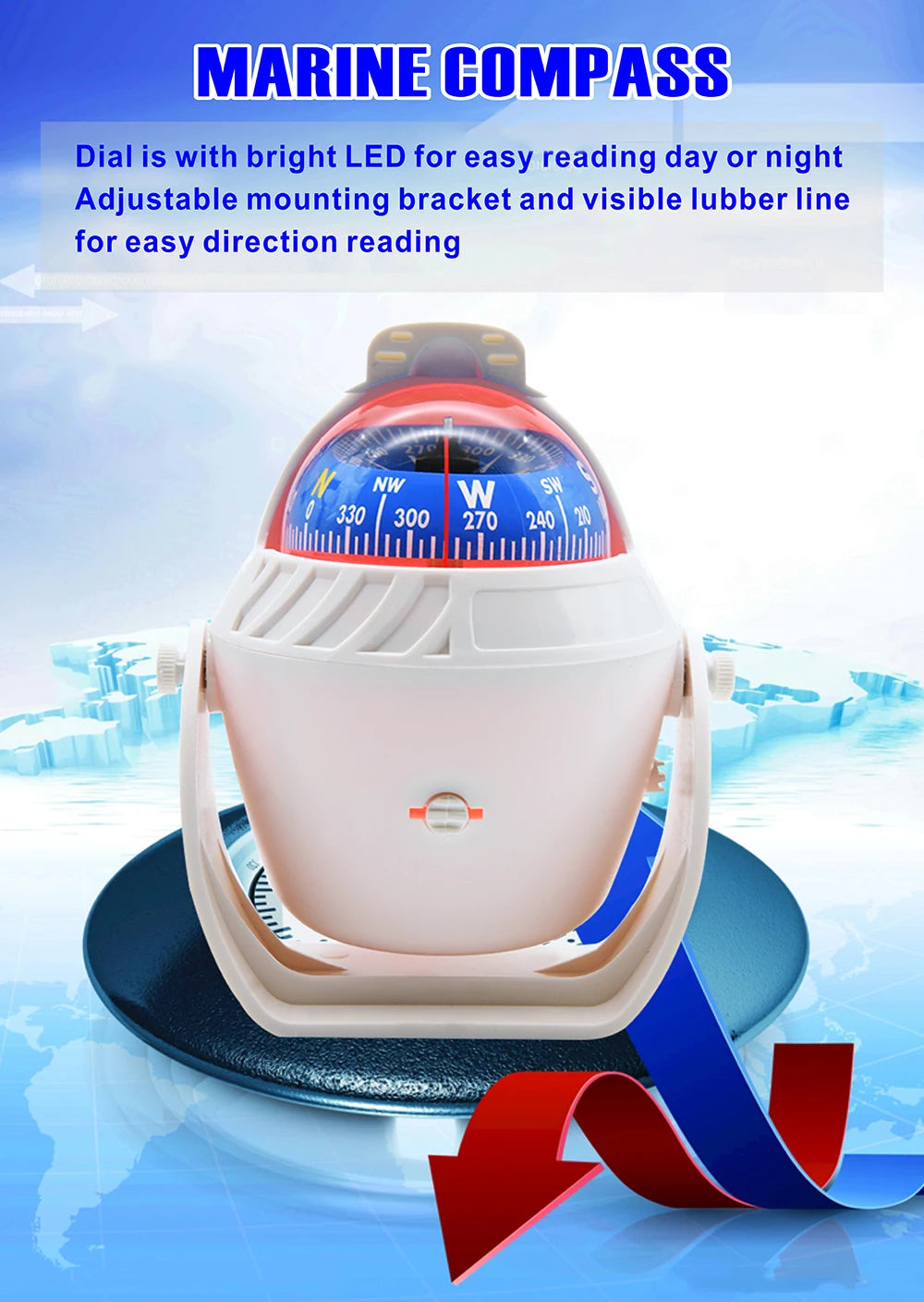 For Boat Yacht Car Waterproof Navigation Compass With Electronic LED Light White/Black Marine Sea Pivoting Marine Compass