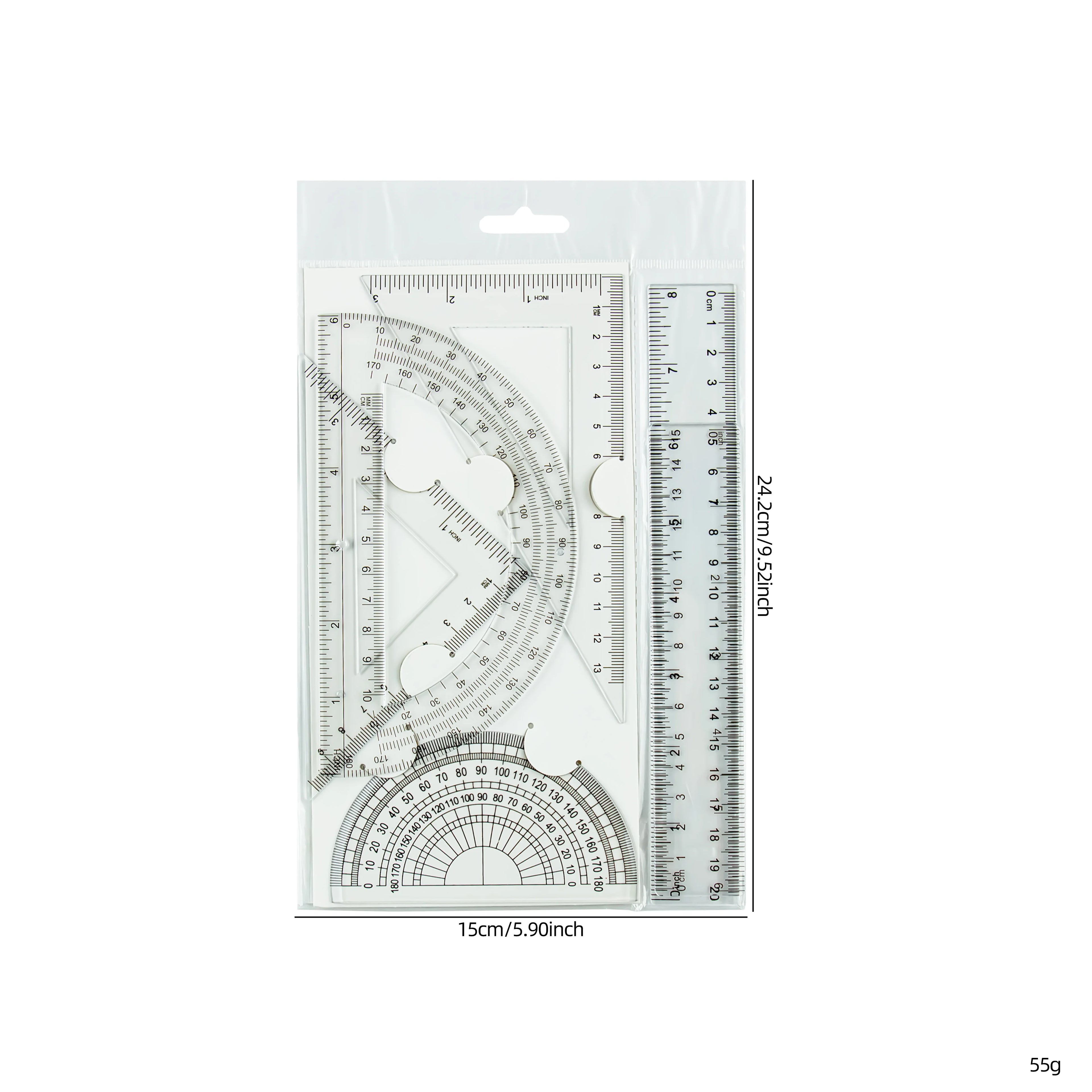 6-Piece Ruler Set - Includes Straight Rulers, Protractor, and Triangles for Accurate Measuring and Drafting