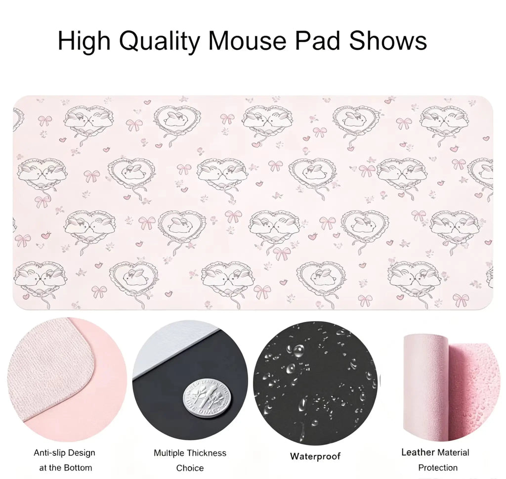 Leather Desk Pad Protector Pink Love Heart Bunny Flower Rabbit Bow Y2K Star Angel Mouse Pad Office Desk Mat PU Desk Blotter Pad