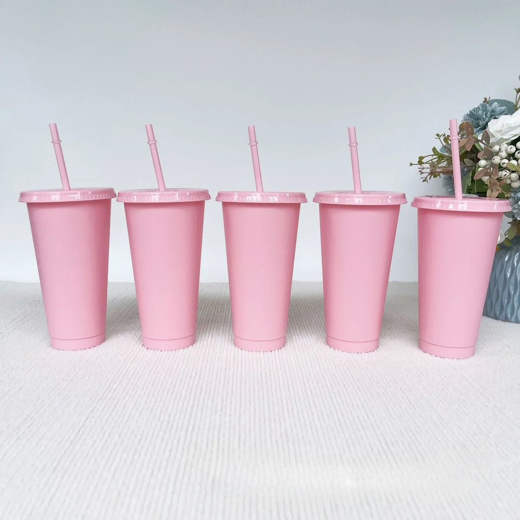 5pcs 24oz PP Colorful Straw Cup Large Capacity Milk Tea Cup for Iced Coffee Cold Drinks Travel Office Party