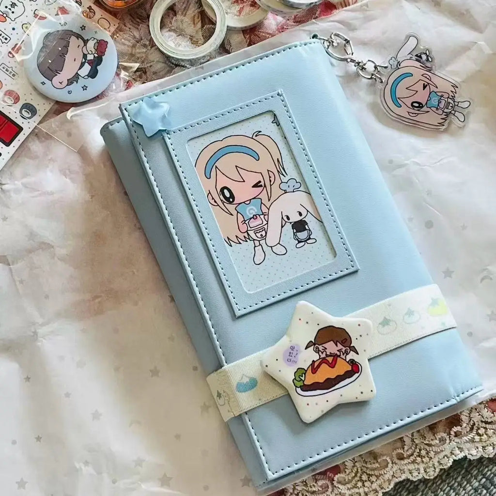 A6 Blue Three-Fold Loose-leaf Notebook PU Binder Photocards Collect Book Diary Agenda Planner Cover Stationery