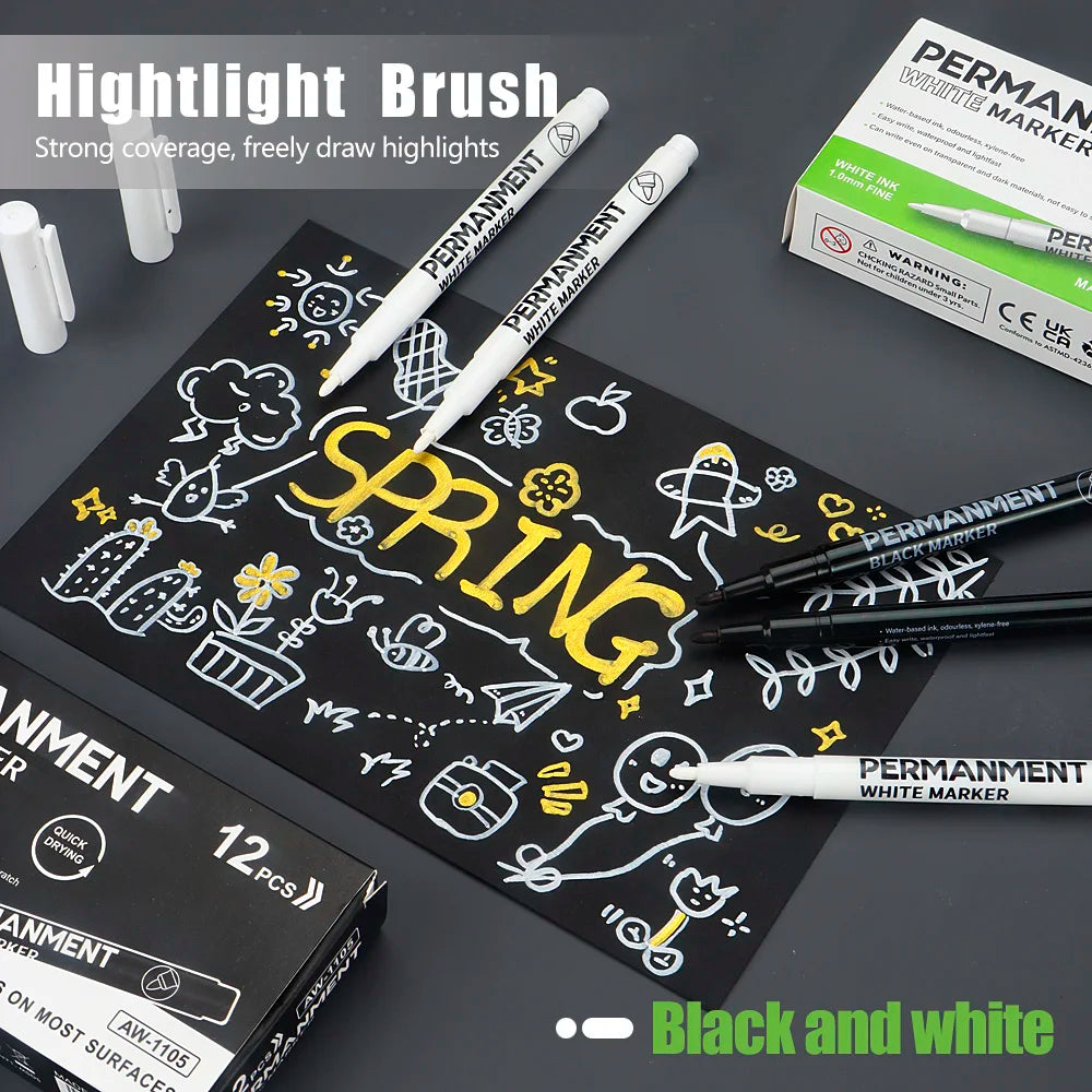3/6/12 Pcs Waterproof Marker Pen White Black Inks  2mm Tip For Rock Painting Stone Ceramic Glass Wood Tire Fabric Metal Canvas