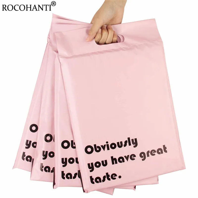 100x Custom LOGO Poly Mailing Bag Pink Mailers Envelopes Plastic Postal Bag Shipping Packages with Handle for Clothing Packaging