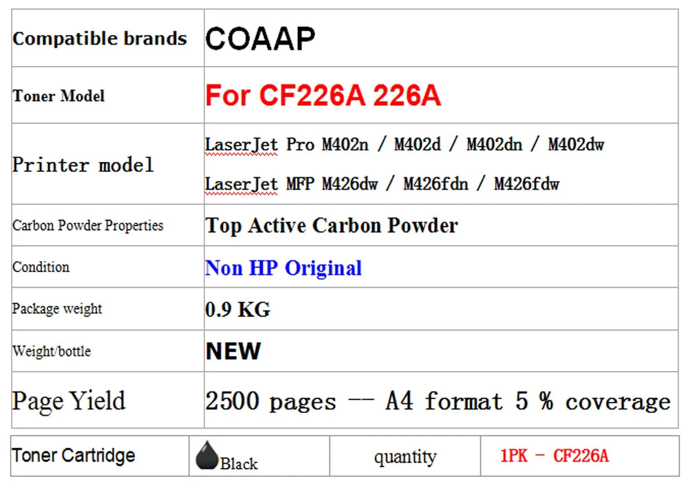 26A CF226A (1-Pack Black) Compatible Toner Cartridge for HP LaserJet Pro M402n / M402d / M402dn / M402dw, MFPM426dw / M426fdn