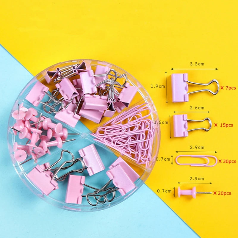 72Pcs Color Binder Clips Paper Clips Push Pin Set Rose Gold Push Pins Cute Stationery for Office Accessories School Supplies