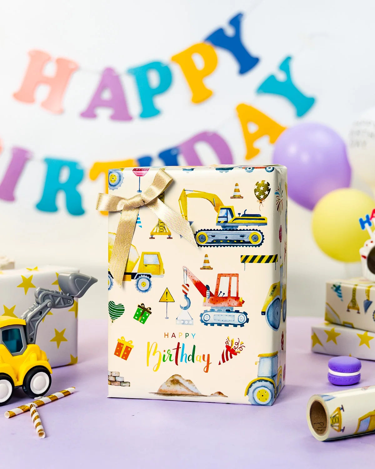 Construction Birthday Wrapping Paper - 43cm x 10m - Reversible Tractor Happy Birthday Script & Star Design Gift Wrap Mini Roll