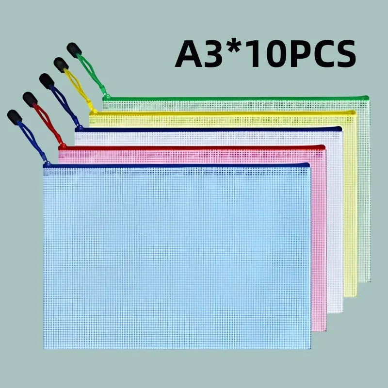 10pcs, A3 Mesh Zipper File Bag,5 colors, waterproof plastic file Bag for organizing school and office supplies, cosmetics, trave