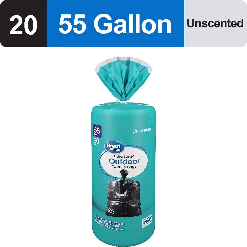 55-Gallon Extra Large Outdoor Twist Tie Trash Bags, Unscented, 20 Bags
