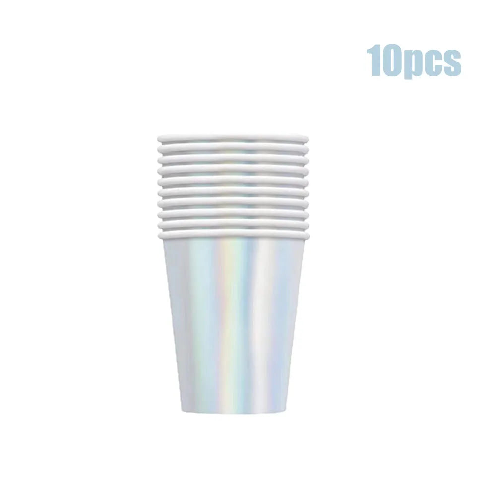 Laser Disposable Tableware Sets Silver Party Paper Cups Paper Plates Straw Party Tableware Wedding Decor Birthday Party Supplies