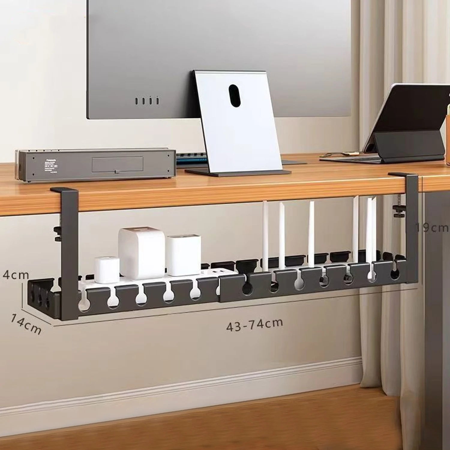 Under Desk Cable Management Tray No Drill Iron Power Strip Holder Wire Cord Organizer Clamp Mount for Home Office Desk