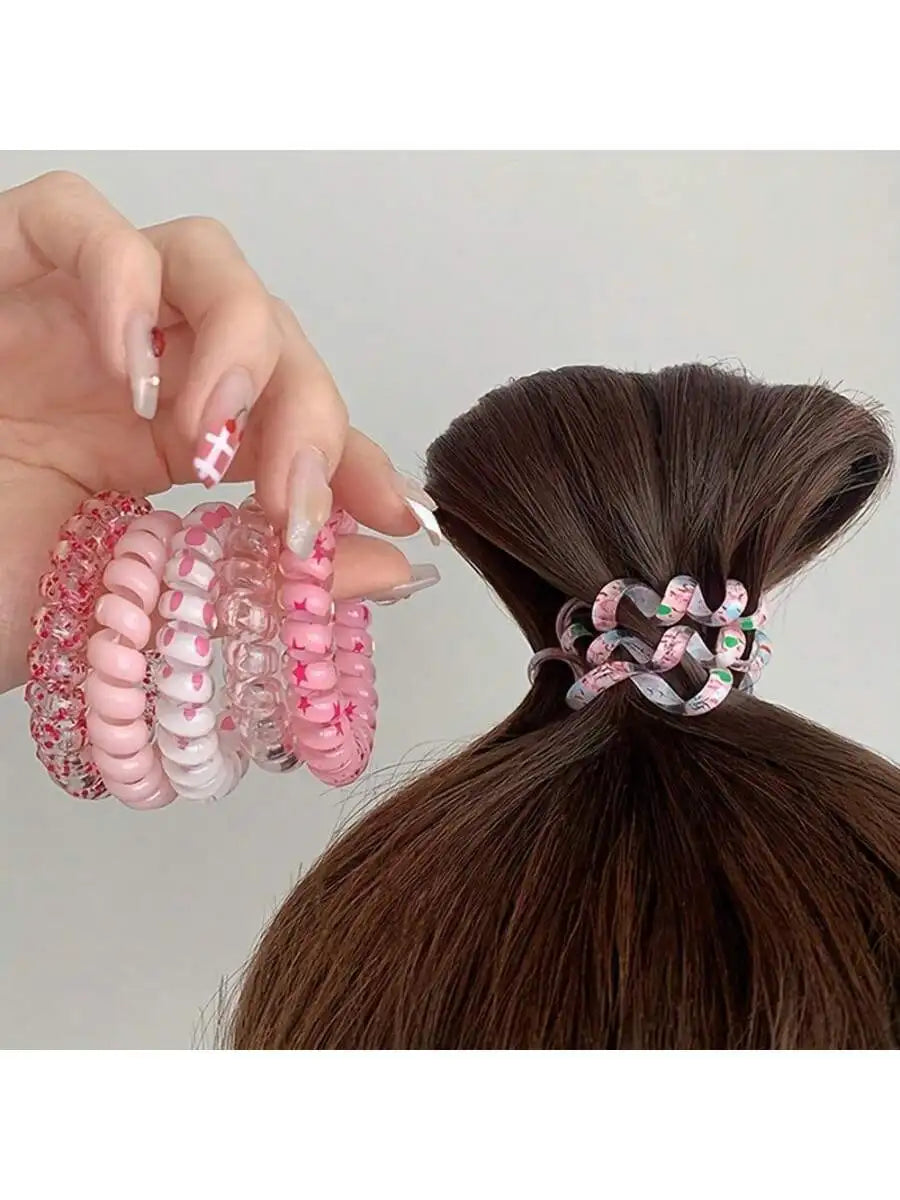 Set Women Fashion Telephone Wire Elastic Hair Band Colorful Printed Spiral Cord Rubber Band Hair Ties Hair Accessories Gift