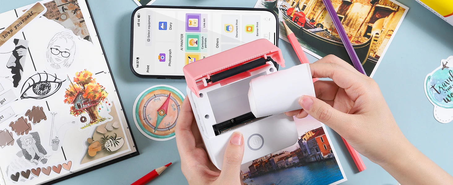 Thermal Mini Printer, Portable Inkless Sticker Maker,Bluetooth Free Cut Small Pocket Printer for Children DIY 57mm Photo Print