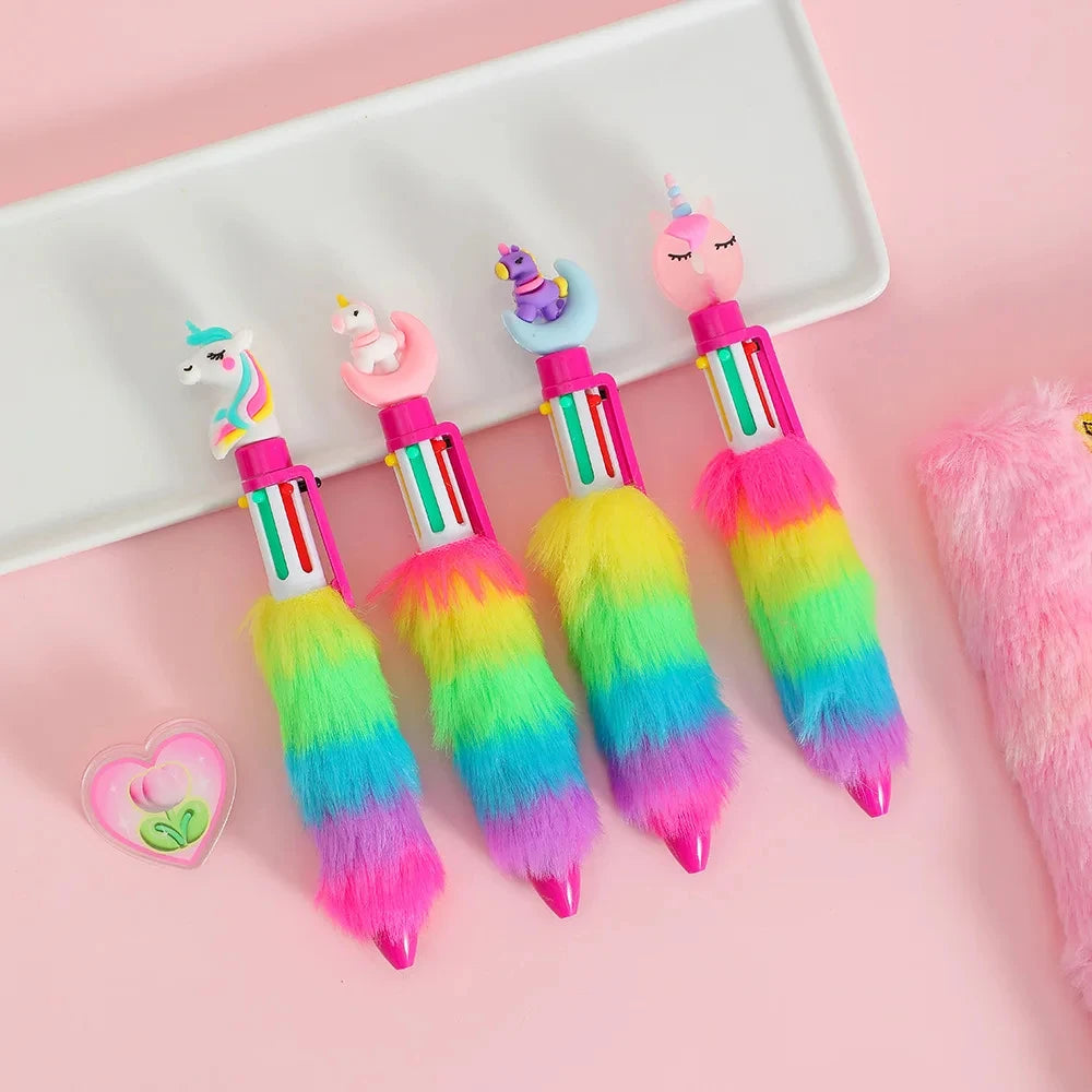 2PCS Children's Unicorn Plush Gel Pen Set 6 Colors Rainbow Ball-point Pens Cartoon Girl Handwriting Tools for Students
