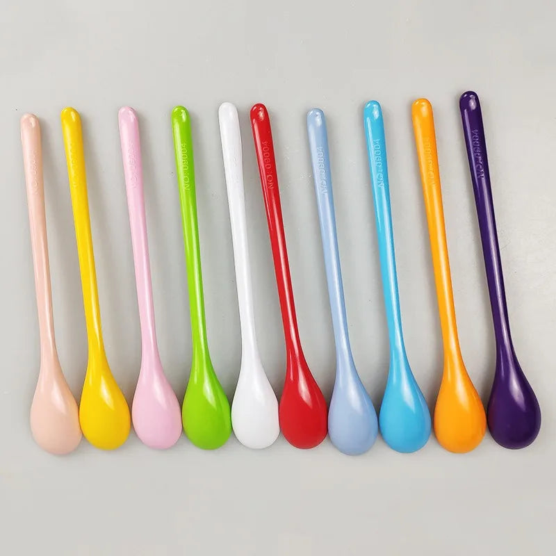 7pcs Candy Color Plastic Long Handle Dessert Spoons Dinner Tea Spoon Tableware Flatware Stirring Coffee Kitchen Scoops Soup