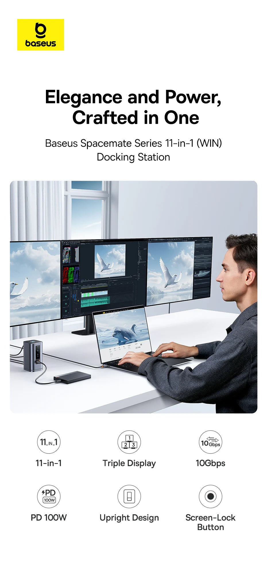 Baseus 11-IN-1 USB C HUB HDMI DP 4K@60Hz MST Triple Display USB 3.2 Splitter with RJ45 3.5mm Mic PD100W Magnetic Docking Station