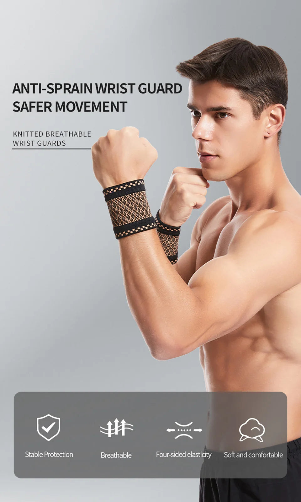 1Pair Copper Fiber Sports Wrist Support Sweat-Absorbent Breathable Knitted Nylon Wrist Brace Outdoor Sports Badminton Men Women