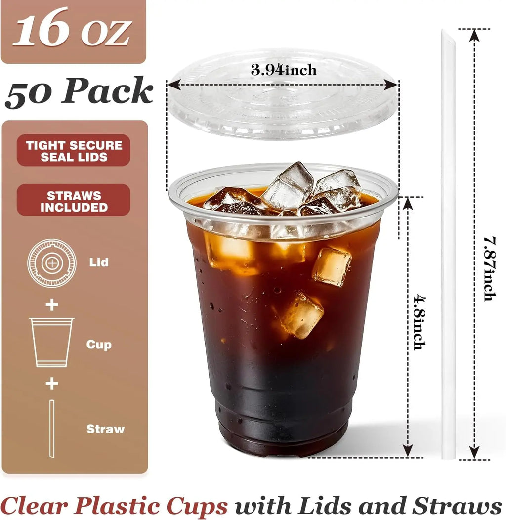 10-50 Sets 12/16 oz Plastic Cups with Lids and Straws, Disposable Cups for Iced Coffee, Smoothie, Milkshake, Cold Drinks - Clear