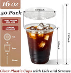 10-50 Sets 12/16 oz Plastic Cups with Lids and Straws, Disposable Cups for Iced Coffee, Smoothie, Milkshake, Cold Drinks - Clear