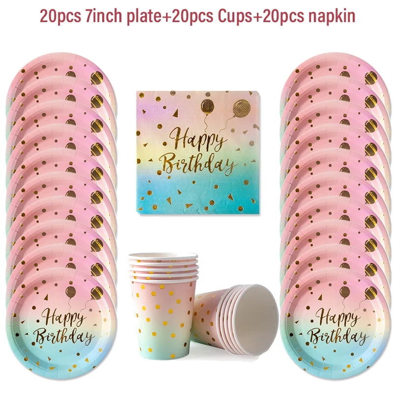 Pastel Rainbow Party Birthday Disposable Tableware Gold Dot Rainbow Gradient Paper Plate Cup Napkin Birthday Wedding Supplies