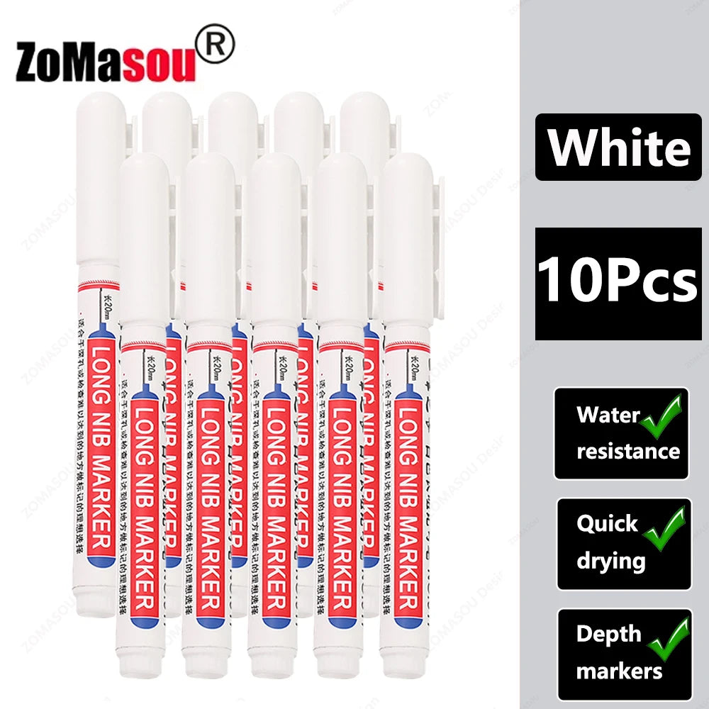 1-90Pcs Waterproof White Long Head Markers Pen 2cm Woodworking Deep Hole Marker Pens Metal Carpenter Black/Red/Blue/Green Ink