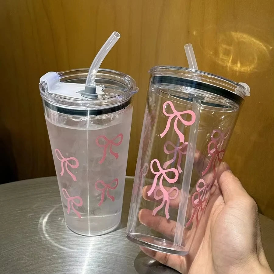 1/2/3pcs 450ml Pink Bow Plastic Cup With Straw And Lid Transparent Milk Coffee Drink Mug Household Travel Ins Water Drinking Cup