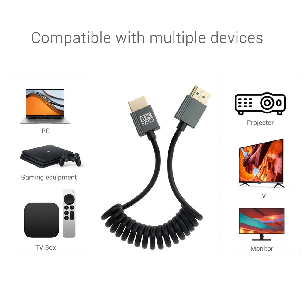 8K UHD Cable High Speed HDMI-compatible Mini/Micro HDMI-compatible Coiled Cord for HDTV Laptop PC PS4 Camera DV Monitor Display