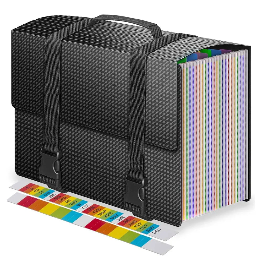 Expandable document folder, 25-pocket accordion-style document organizer with handle, suitable for document organization.