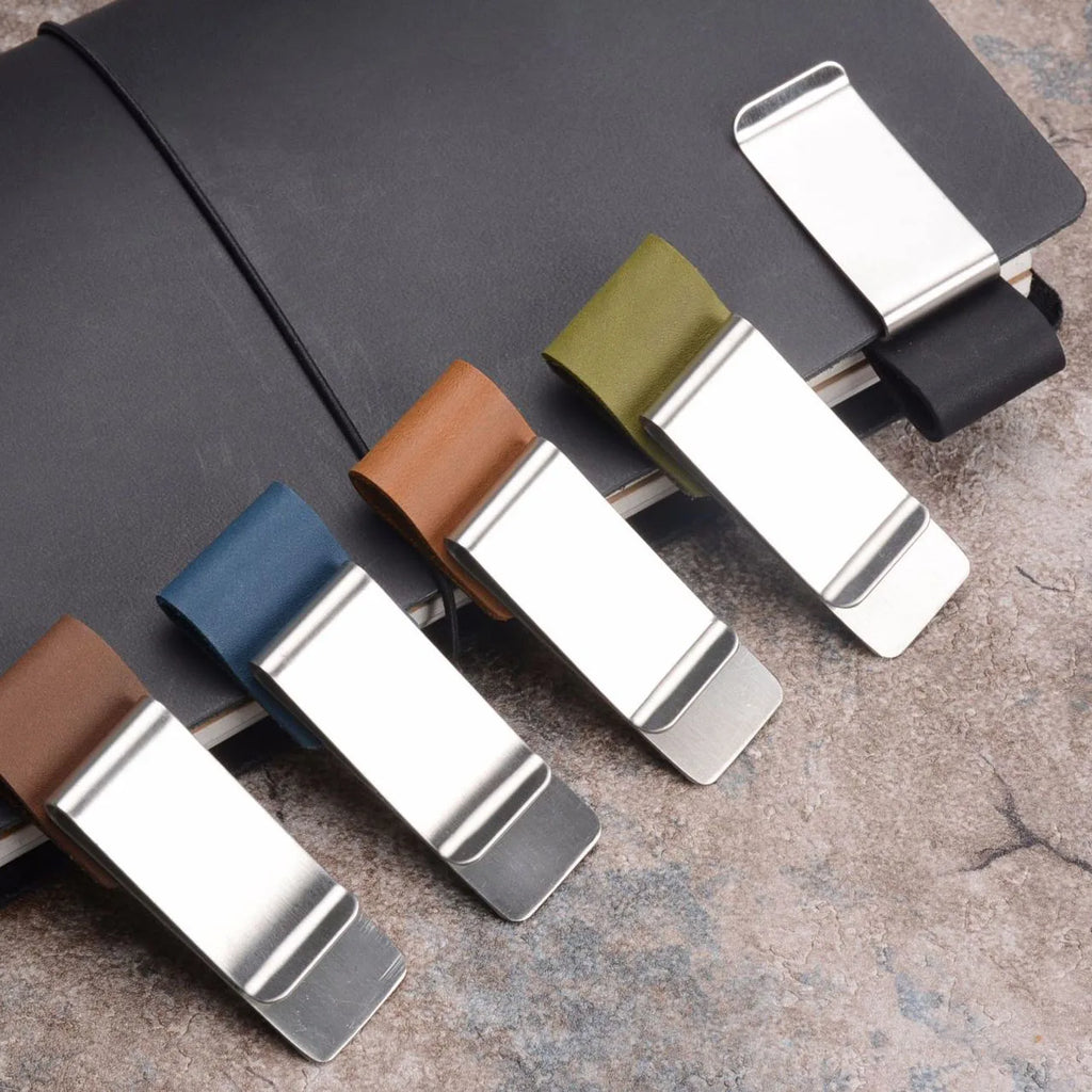 Brass Leather Pen Clip Stainless Steel Cowhide for Traveler's Notebook - Genunine Leather & Metal Notebook Accessory