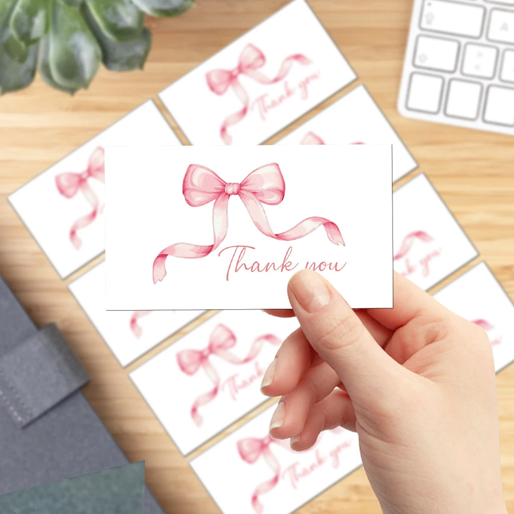 50pcs Watercolor Pink Blue Bowk Thank You Cards,Business Retail Customer Gift Wrapping Cards,Back Blank Note Greeting Small Card