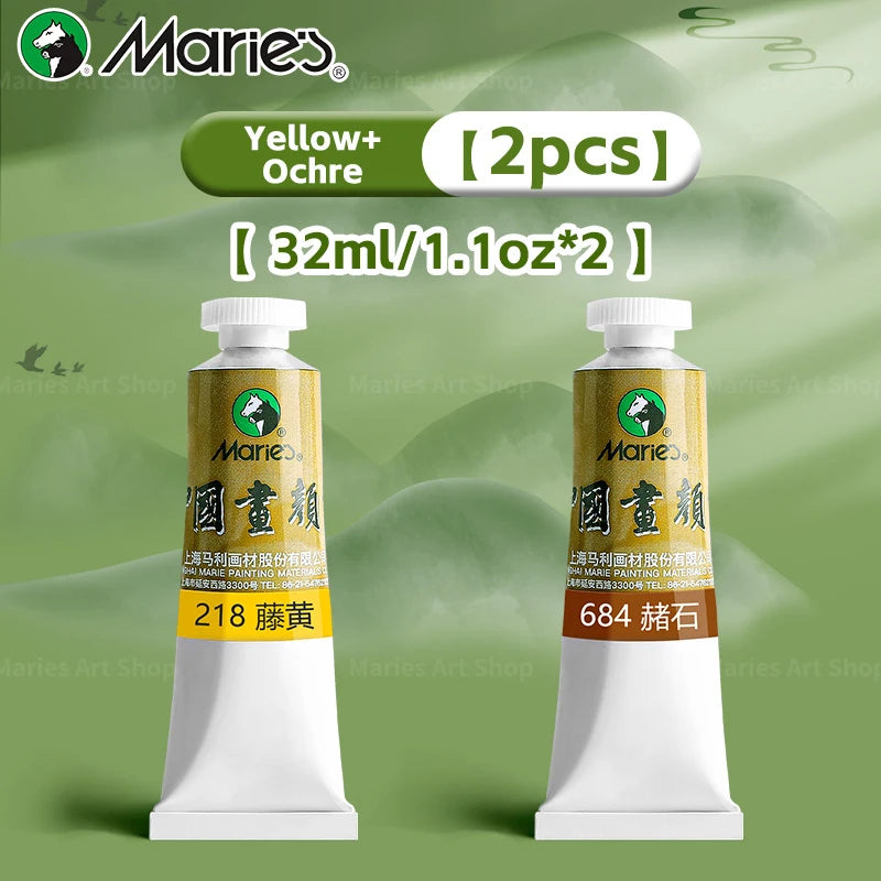 Marie's Chinese Painting Pigment Set,2pcs 32ml/1.13oz Tube,Watercolor Sumi Paint Kit for Drawing,Writing,Ink,Landscape for Adult
