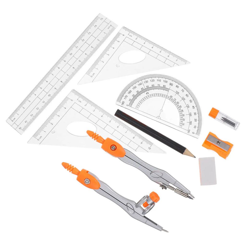 1Set Compass Protractor Ruler Set Plastic Alloy Math Drawing Tools for Students High School Geometry Class Portable Lightweight