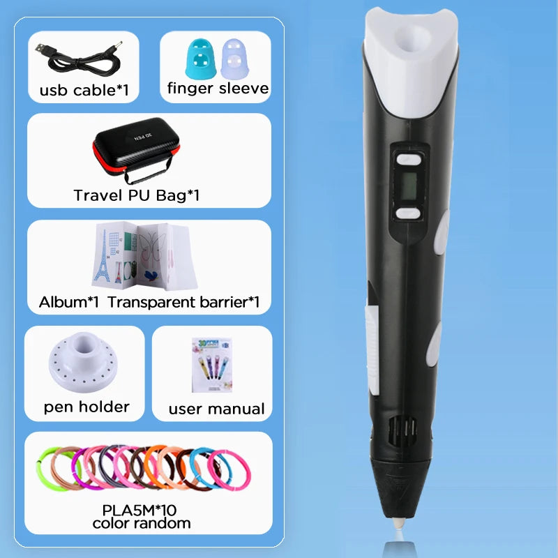 3D Pen With LCD Screen Compatible PLA Filament Toys 3D Drawing Printing Pen for Children DIY Christmas Birthday Gift