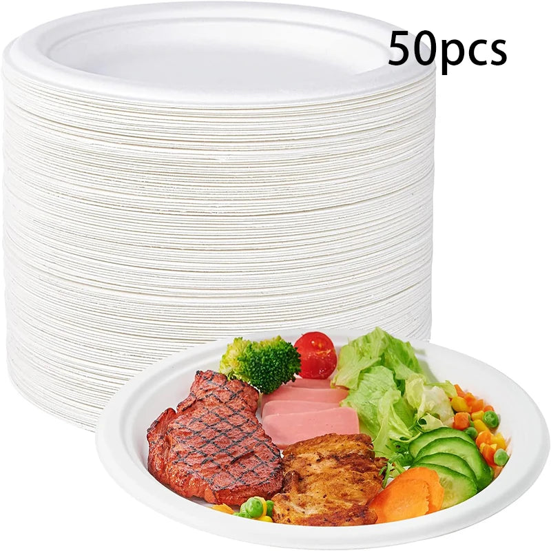 50 Pack Premium  Compostable Plates, Sugarcane Fiber Material Heavy Duty Disposable Tableware for Home Outdoor Use Eco Conscious