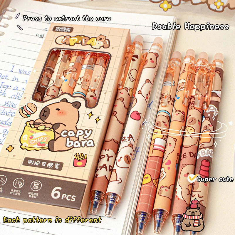 6Pcs Cute Capybara Gel Pen Set Kawaii Quick Drying Erasable Blue Ink Pens For School Office Stationery Supplies
