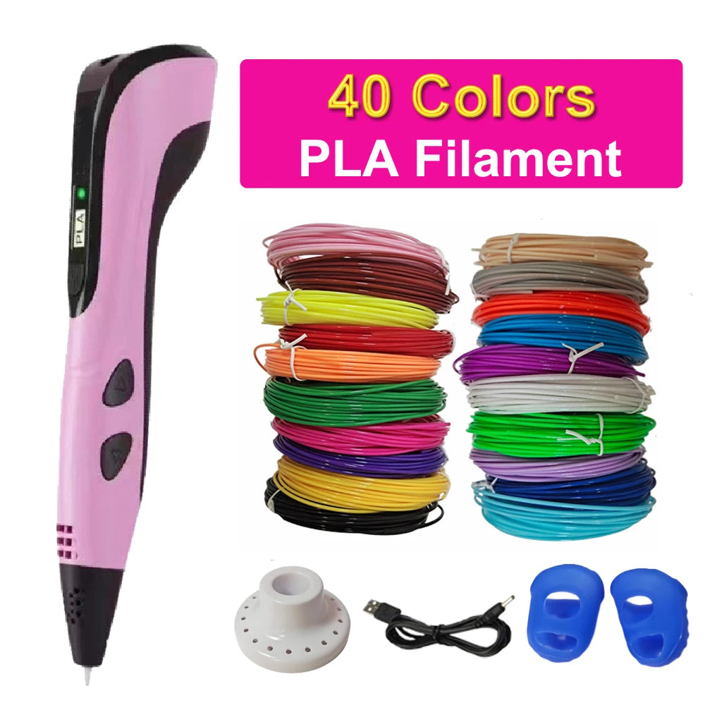 3D Pen Kids 40 Colors PLA Filaments 3D Priting Pen Children DIY Drawing Pens Type C Port Boys Girls Christmas Birthday Gifts