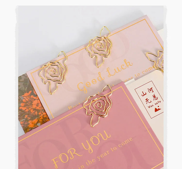 10pcs Gold Rose Flower Paper Clip Wholesale Metal Diy Flower Planner Stationery Supplies Bookmark Gift Shaped Paper Clips