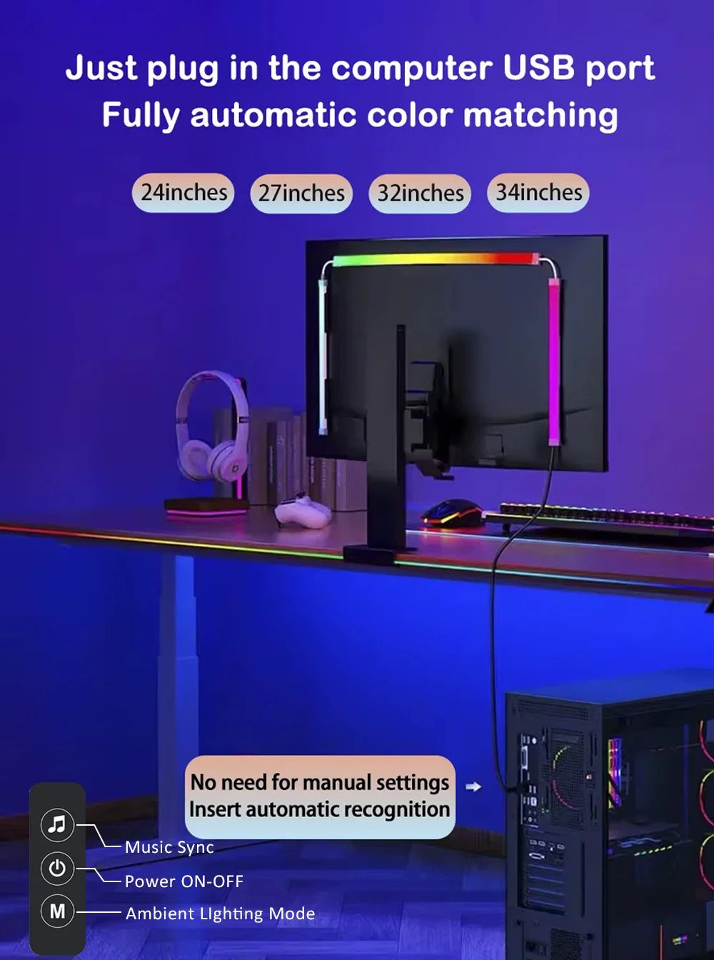 LED Light Strip Computer Screen Colar Sync Monitor Ambilight RGB Lights Ambient Lighting PC Backlight Pickup Light for Game Room