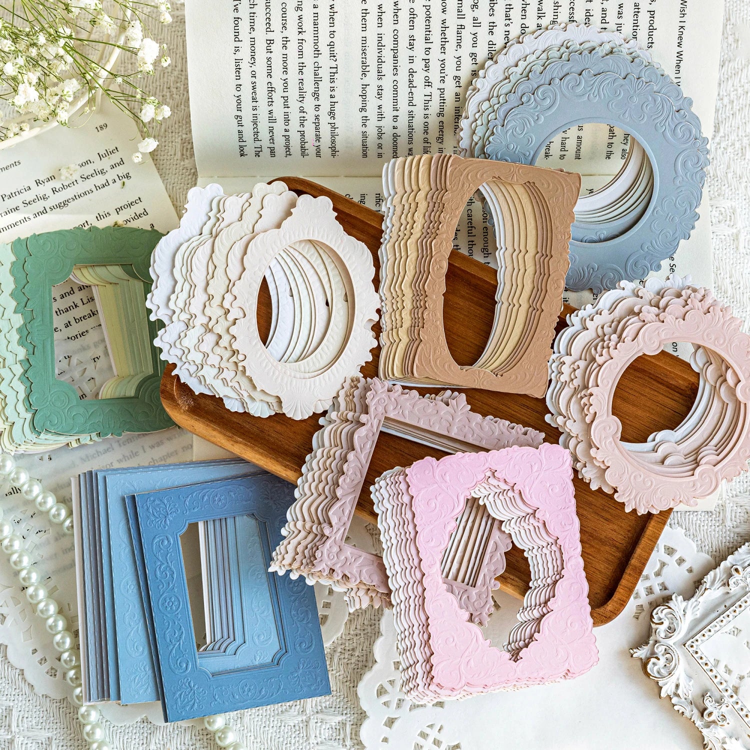 Mr.Paper 3 Packs Embossed Hollow Frame Paper Card Stock, Vintage Ornate Decorative Frames for Scrapbooking & Journaling Photo