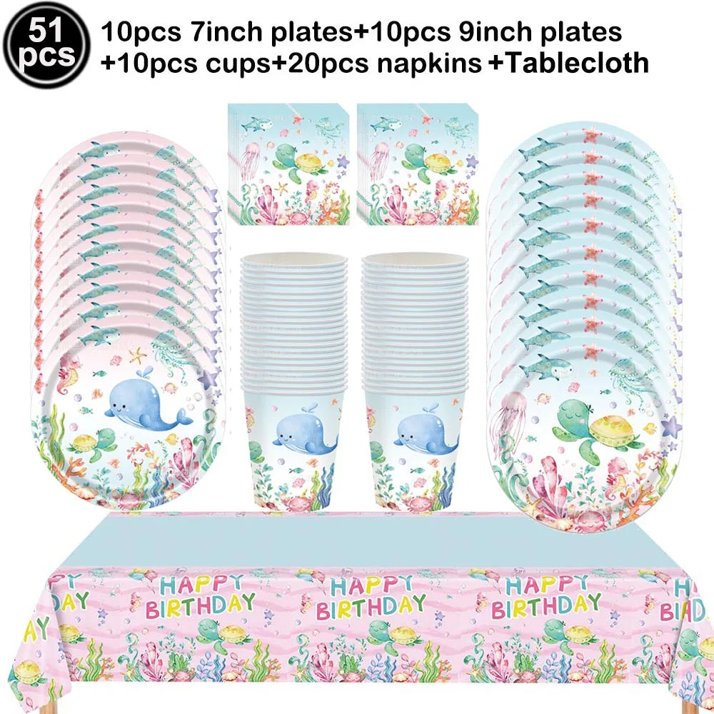 Sea Animal Theme Disposable Tableware Under The Sea Baby Shower Party Plates Napkins Cups Ocean Animals Birthday Party Supplies