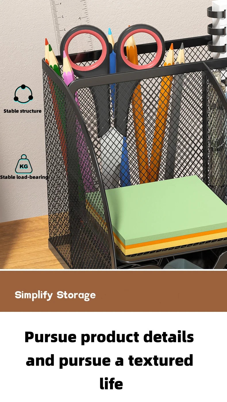 7 Compartment Metal Mesh Desktop Organizer with Drawer Pen Pencil Holder Stationery Storage for Home Office School Students Dorm