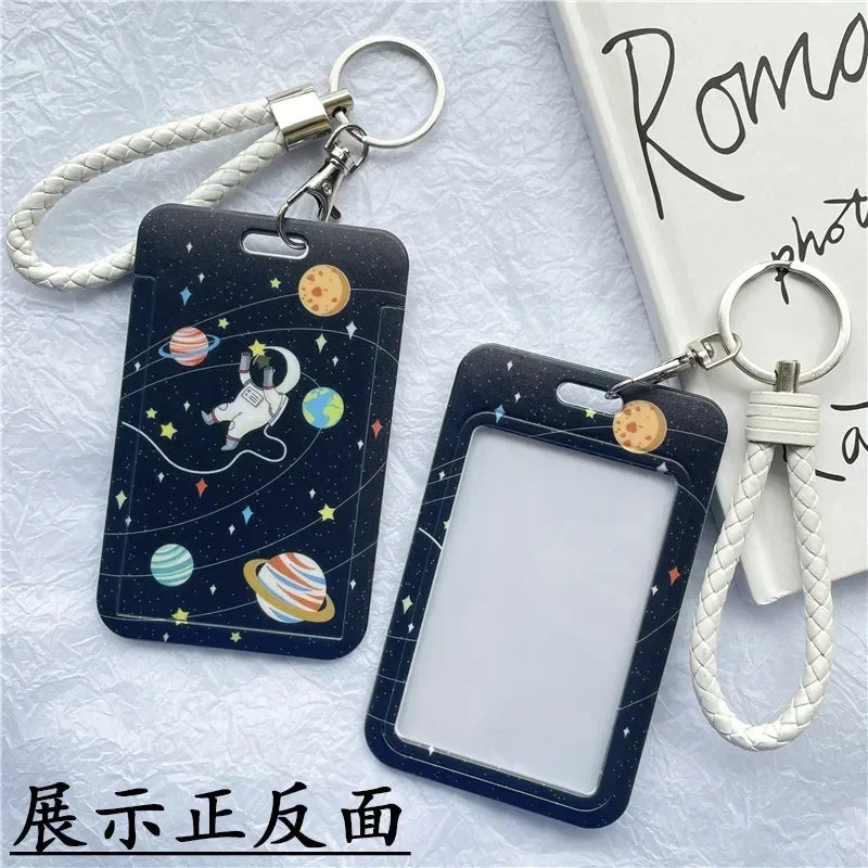1Pc Solid Color Student Bus ID Card Protective Cover Keyring School Access Door Card Credit Card Holder Bag Set Key Chain