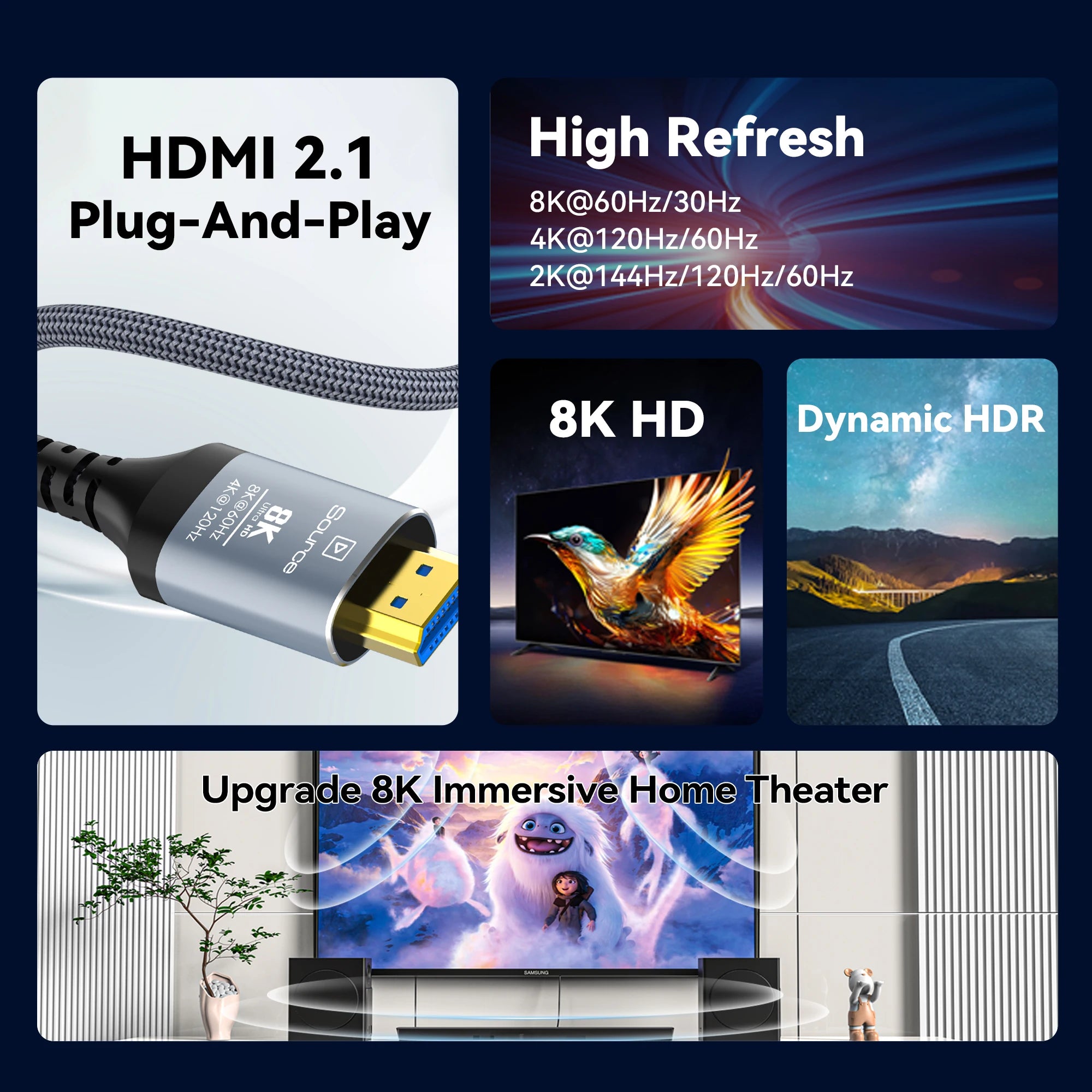 8K HDMI Fiber Optic Cable 8K60Hz 4K120 HDMI 2.1 Cable  Dynamic HDR/eARC/HDCP 2.3 Compatible with LG Samsung Sony TV/PS5/Blu-ray