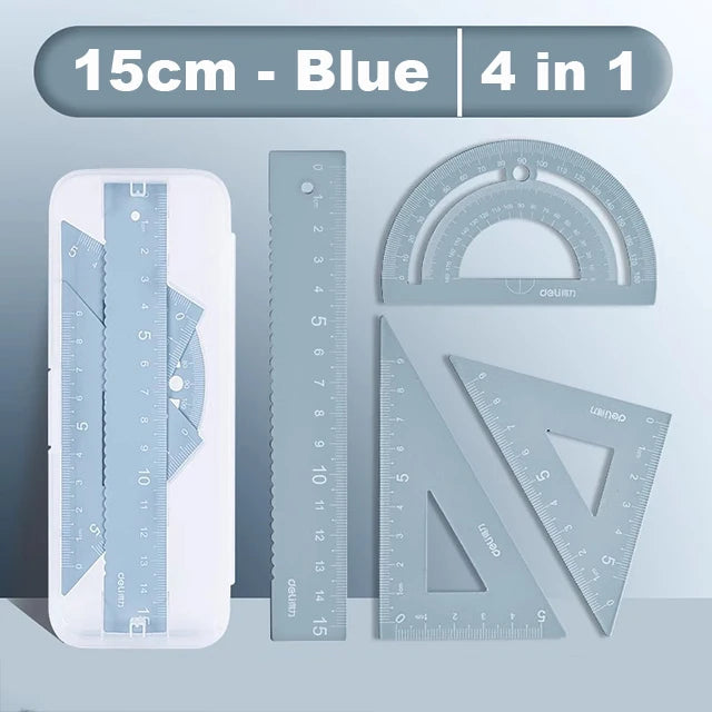 Deli 4Pcs Metal Ruler Set Multifunctional Straight Triangle Ruler Protractor Math Geometry Kit for School Kids Drawing Measuring