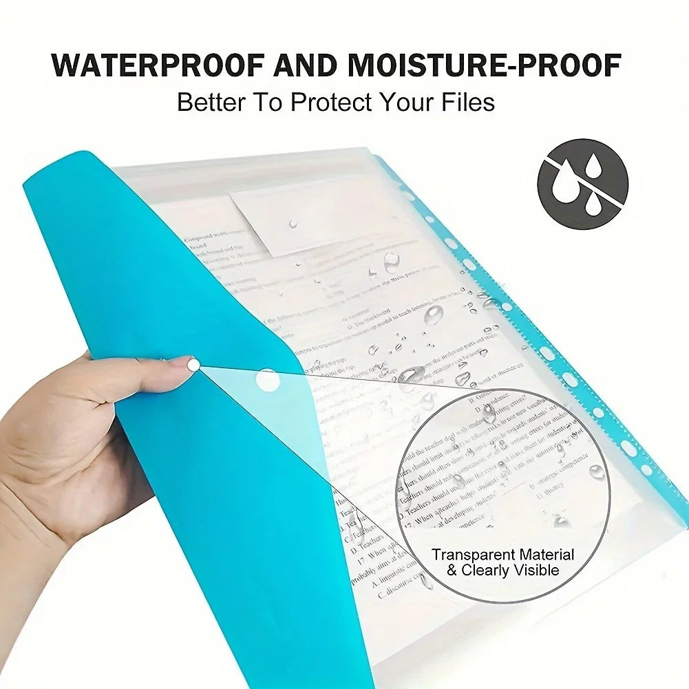 6 Pcs A4 Plastic Envelope with Adhesive Snaps 11-Hole Expansion Bag for 2/3/4 Ring Binders School Office File Storage Organizer