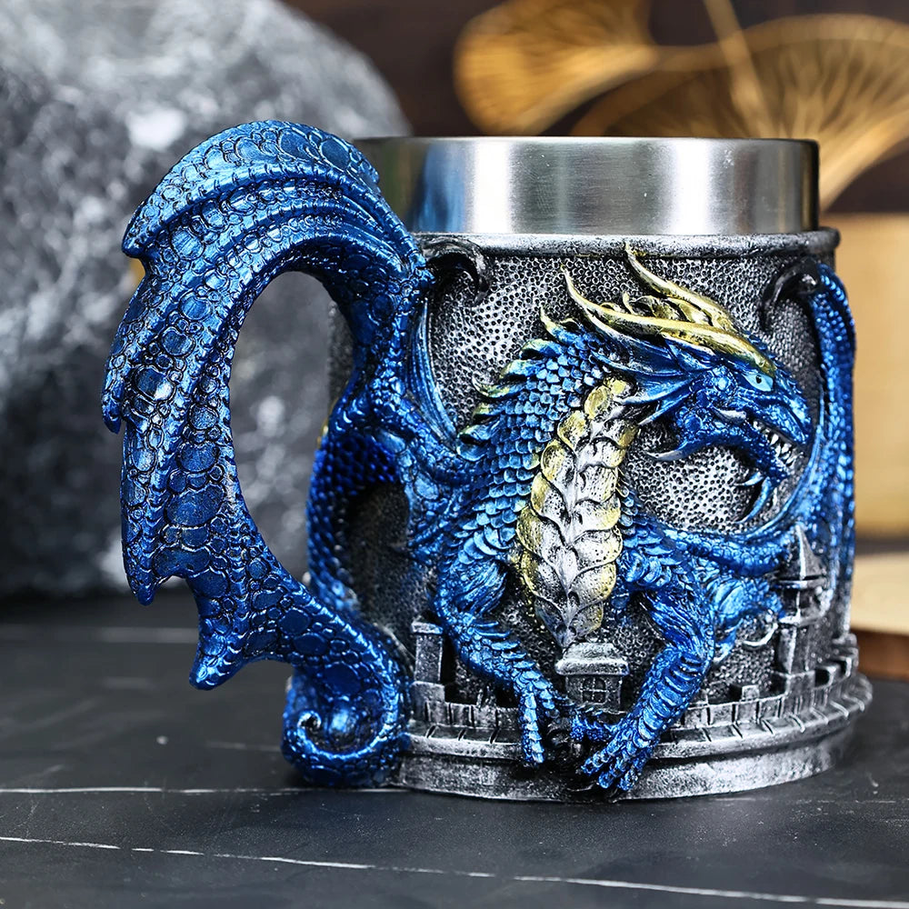 Valhalla Viking Stainless Steel Nordic Viking Barrel Dragon Boat Warrior Horn Skull Beer Mug Tankard Stein Cup 400 ML