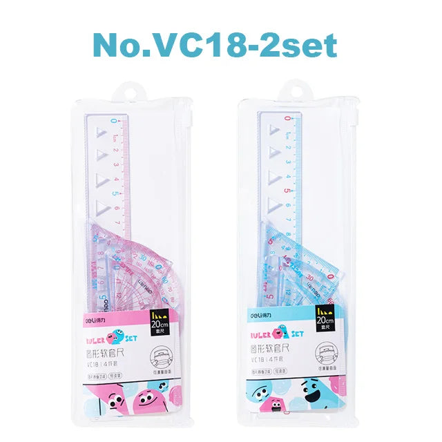 Deli 4pcs/set Transparent Soft Ruler Flexible Straight Triangle Rulers Protractor for Home Office Drawing Maths Measuring Tool